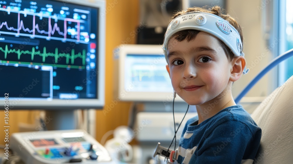 Poster child with eeg cap connected to diagnostic equipment.