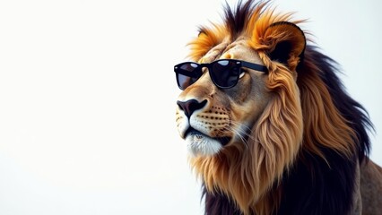 Fototapeta premium A majestic lion, sporting stylish sunglasses, gazes thoughtfully into the distance, its magnificent mane a breathtaking cascade of golden hues against a pristine white backdrop.