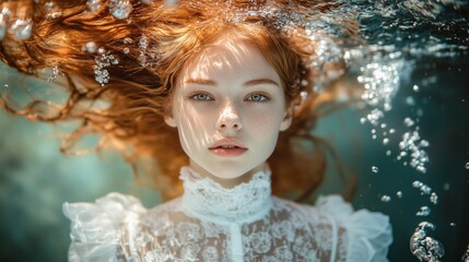 Underwater beauty captured in stunning shot of young woman with red hair