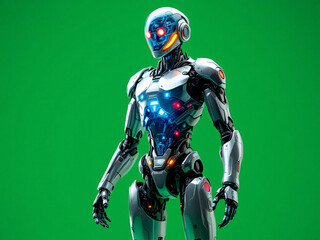 Fototapeta premium Futuristic metallic robot standing against a green screen background with glowing eyes.