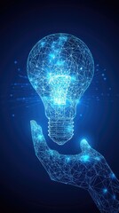 Abstract hand holding glowing lightbulb, conceptual innovation