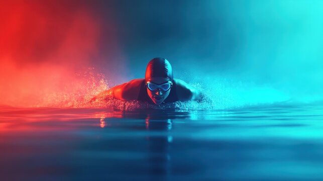 Swimmer Gliding Through Water with Speed and Precision in a Dramatic Blue and Red Atmosphere During a Competitive Swim Event