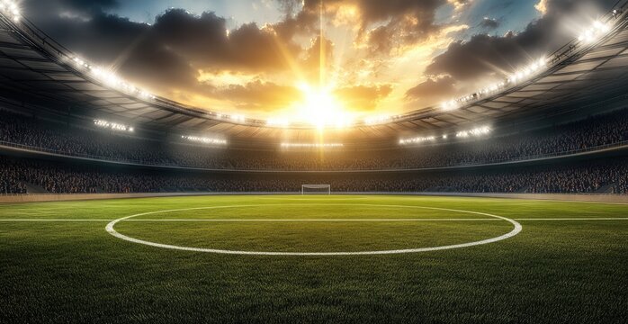 Massive stadium at sunset, filled with fans