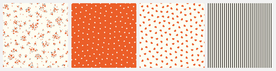 Vector illustration. Set of seamless patterns in orange, cream, black colors, ditsy flowers, dots, hearts, stripes. Summer, spring fabric design, baby design, wrapping paper	
