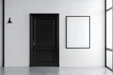 A black door with a blank white poster frame on the wall.