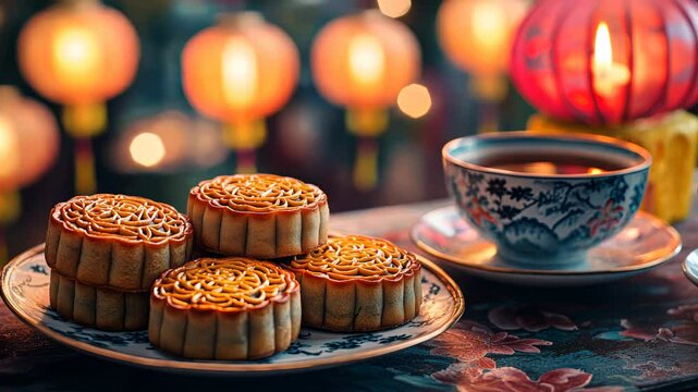 Delighting mooncakes and tea during a festive evening celebration with chinese red lanterns