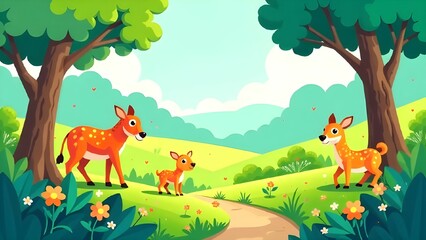 Deer family wandering through a vibrant forest during a sunny day in a picturesque landscape with clear skies and blooming flowers