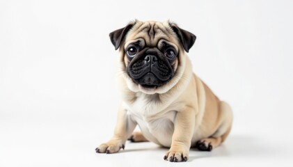 Adorable pug dog, isolated on white background, black, face
