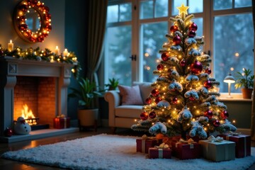 Snowy Christmas tree with ornaments and lights in a cozy room, festive atmosphere, Christmas decor, winter wonderland