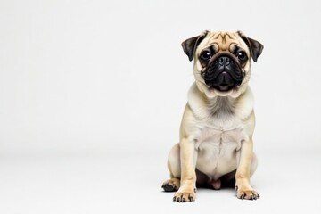 Adorable pug dog sits alone, white background, funny, happy