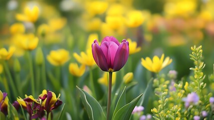 Purple Tulip in a Yellow Garden