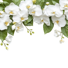 Obraz premium Elegant white orchids with green leaves on a dark background.