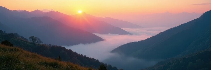 Fototapeta premium Soft focus image of a misty mountain landscape at sunrise, landscape, sunrise