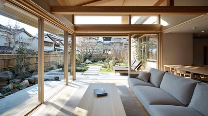 Fototapeta premium Modern Japanese home, light-filled living space. Spacious, airy interior with outdoor views