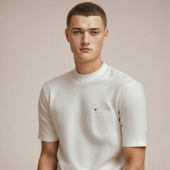 Fototapeta premium Full-body portrait of a young Hungarian male in modern attire, featuring a classic short hairstyle, set against a plain background with a 2:3 aspect ratio.
