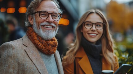 Fototapeta premium Cheerful elderly couple walking together and sharing a warm affectionate moment on a picturesque autumn street The image exudes a sense of contentment wisdom and the joys of a lifelong partnership