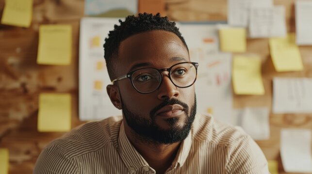 A creative director leading a brainstorming session with visual aids, sticky notes, and charts.