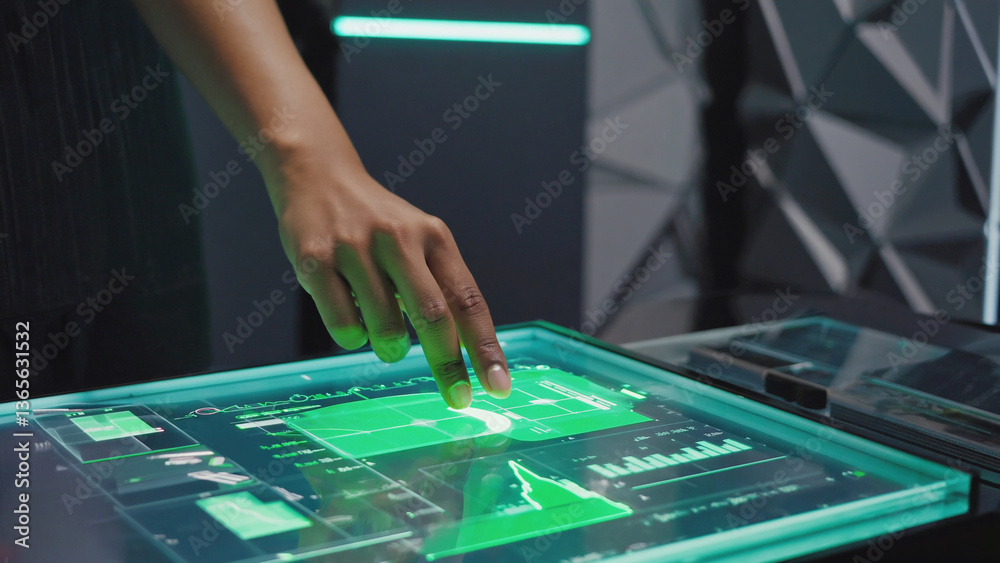 Poster innovation in action: a close-up captures a hand interacting with a futuristic touchscreen interface