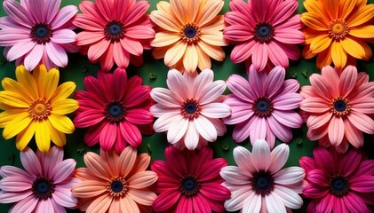 Bold blossoming flowers arranged in a square grid , design element, graphics, illustration