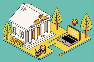 13 cartoon icons, financial symbols, money stacks, safe deposit box, vault, piggy bank, dollar bills, coins, credit cards, briefcase, banking elements, hand-drawn style, vibrant colors, retro illustra