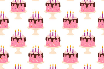 Seamless Pattern of Birthday Cakes with Candles