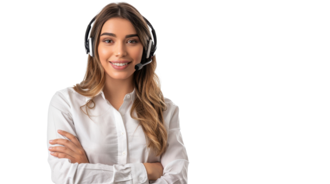 Smiling customer service representative wearing headset with transparent background