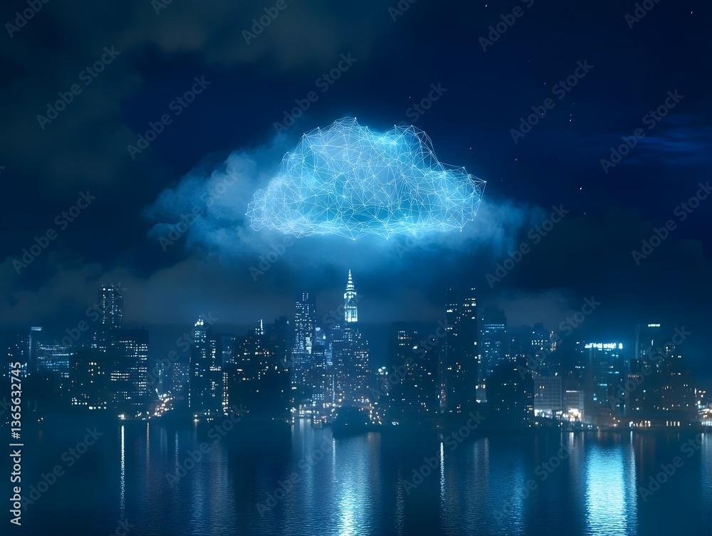 Poster digital technology background with glowing cloud icon and binary code on a digital screen