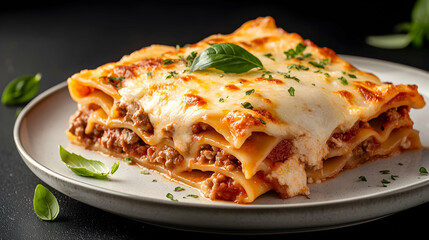 A Plate of Beef Lasagna on a Dark Background