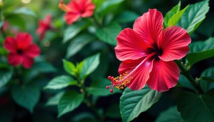 Bold hibiscus blossoms, lush tropical foliage, vibrant hues, nature, lush
