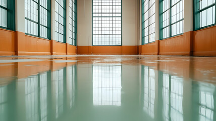 Abandoned Building Interior: Reflective Floor and Orange Walls