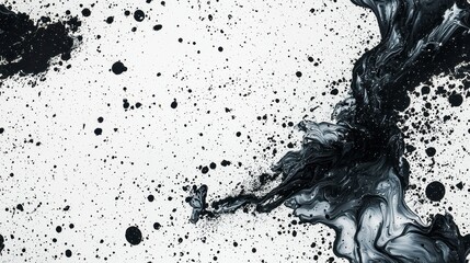 Chaotic Black Ink Splatter Texture on White Background Surface