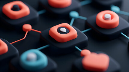 Abstract 3D Network Connections: Coral and Black Geometric Shapes on Dark Background