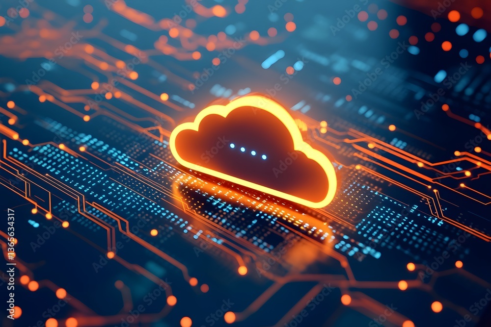 Poster digital technology background with glowing cloud icon and binary code on a digital screen