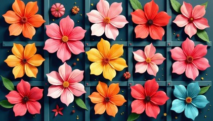 Bold stylized blossoms arranged in a square lattice , textile, texture, repeat