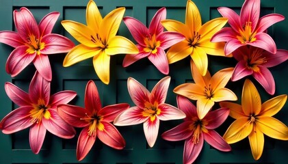 Bold, stylized lilies arranged in a square lattice , texture, geometric shapes