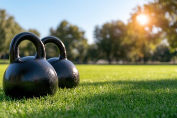 Fototapeta premium Kettlebells on green lawn fitness equipment outdoor workout