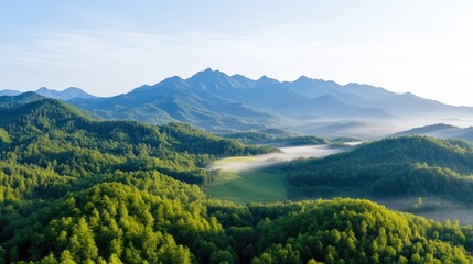 Misty mountain range, lush greenery, tranquil valley