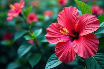 Bold tropical hibiscus wallpaper, vibrant exotic print, leaves, vibrant