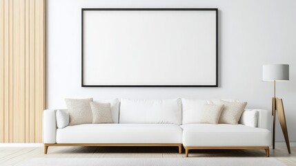 Modern minimalist living room featuring a white sofa, decorative pillows, and a blank wall