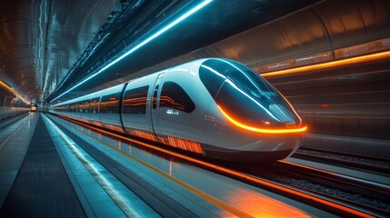 A sleek maglev train approaches a contemporary railway station illuminated by striking blue and orange lights, showcasing advanced transportation technology and urban mobility.