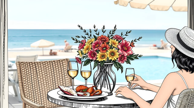 Woman relax on beach cafe or near pool with wine and tasty food. Summer dolce vita theme. Italian sea vacation. Ink drawing of vase with flowers, seafood and wine or champagne for placard or poster.