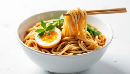 Bowl of ramen noodles, chopsticks, white backdrop , mushroom, authentic, gastronomy