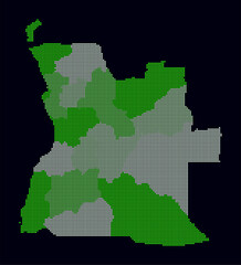 Obraz premium Angola dotted map. Digital style map of the country on a dark background. Angola shape with square dots. Colored dots style. Small size squares. Vibrant vector illustration.