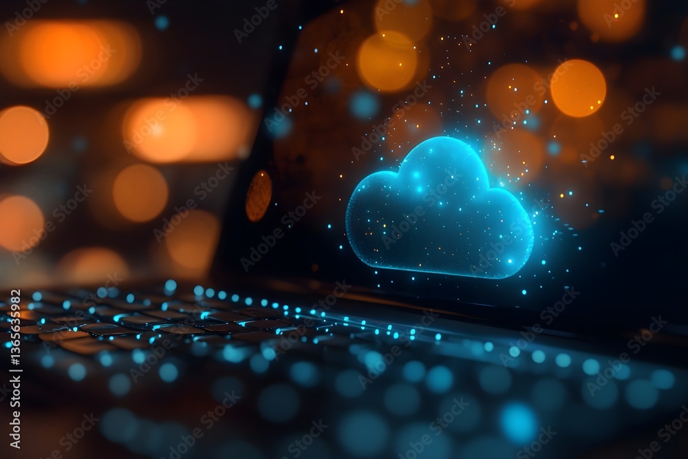 Poster digital technology background with glowing cloud icon and binary code on a digital screen