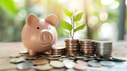 Piggy Bank Sitting on Coins with Growing Plant Symbolizing Financial Growth and Savings