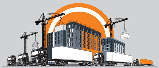 Stylized construction scene with cranes, trucks, and modern buildings. Industrial urban development concept with dynamic composition and bold colors.