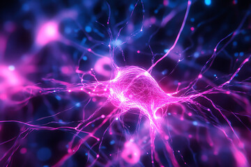 Futuristic neural network with glowing pink and blue connections.