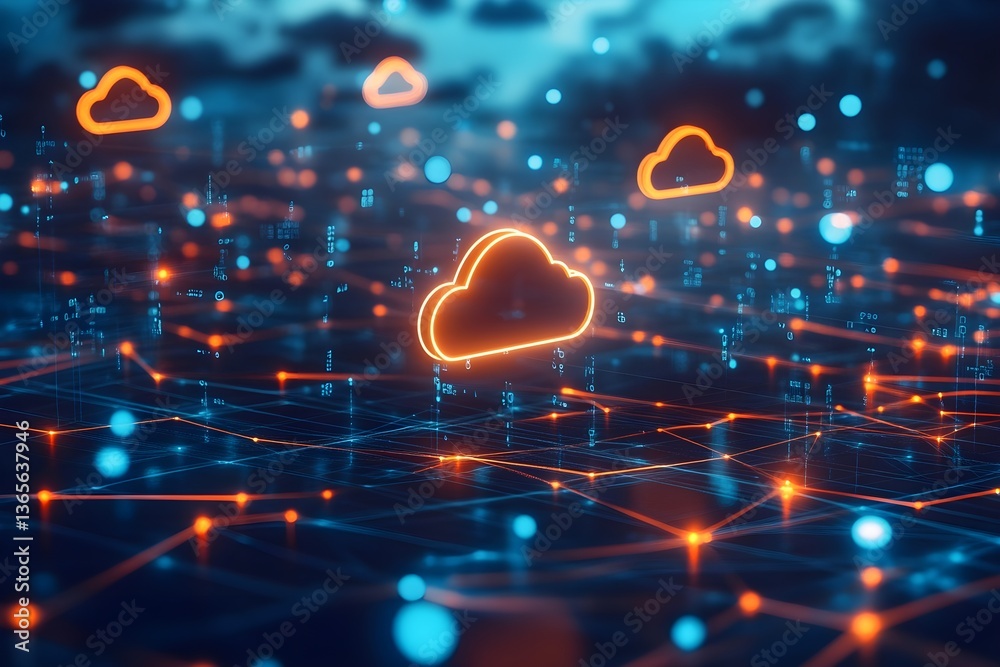 Poster digital technology background with glowing cloud icon and binary code on a digital screen