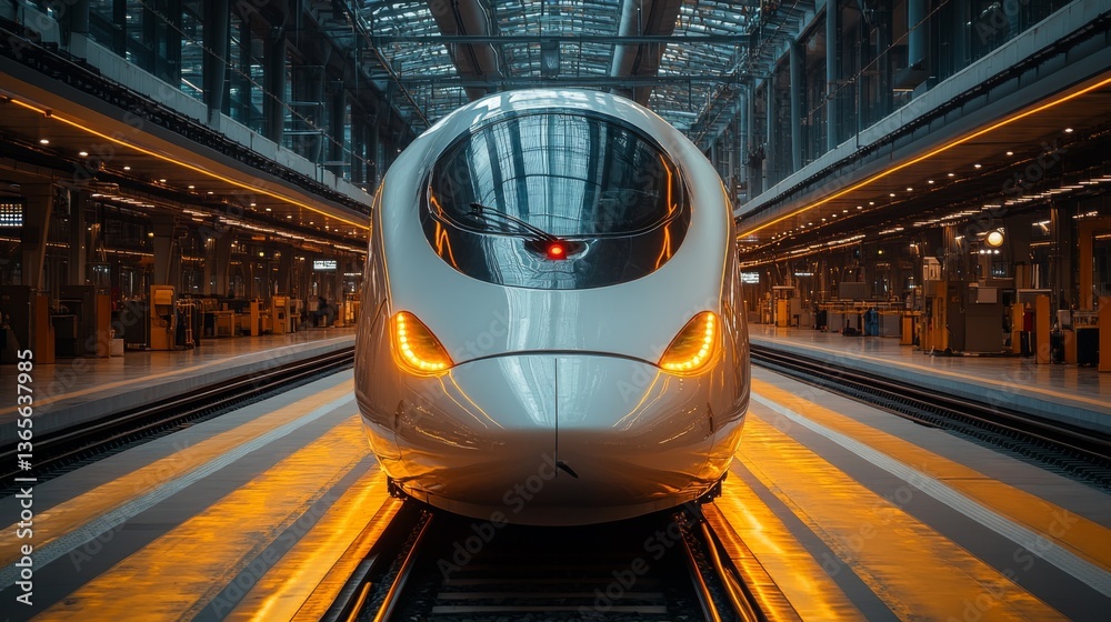 Poster a sleek maglev train stands ready for departure at a modern railway station, illuminated by warm lig