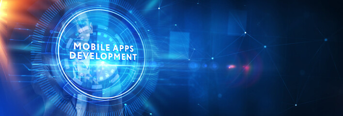 Inscription MOBILE APPS DEVELOPMENT on the virtual display. Cloud technology concept.